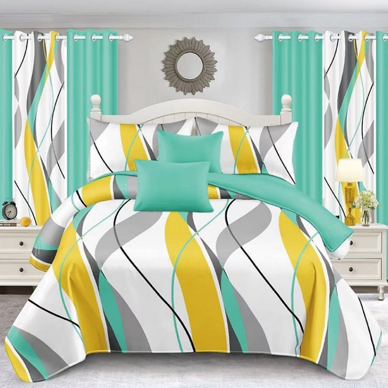 Customizable Blue Duvet Cover Printed Comforter Polyester Bed Linen Pillow Sham Colored Sheets 11 Piece Home Textile Quilted Bedspread Bedding Set with Curtain