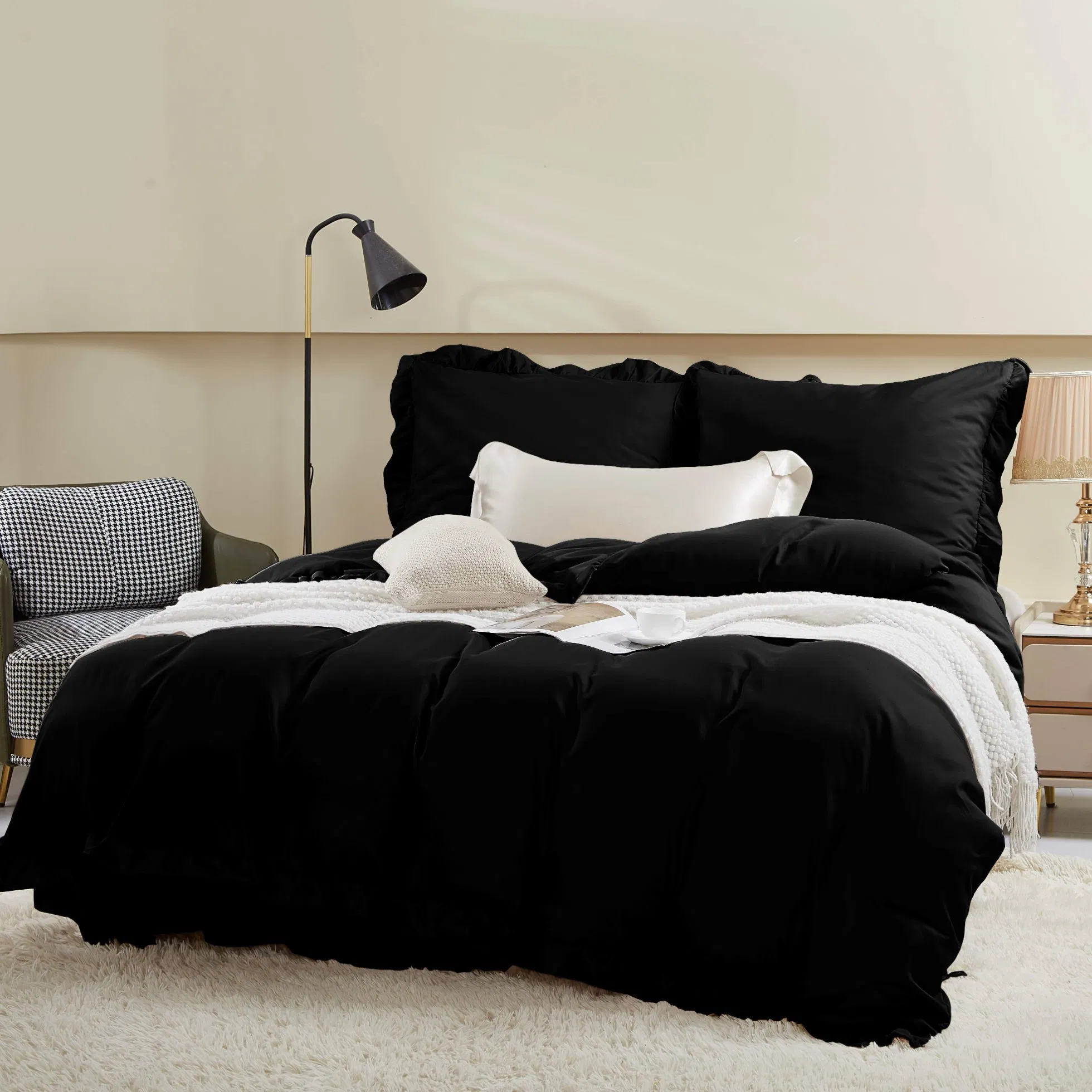 Micofiber Ruffles Bed Quilt Cover King/Queen/Twin Sizes for All Seasons-Black Color