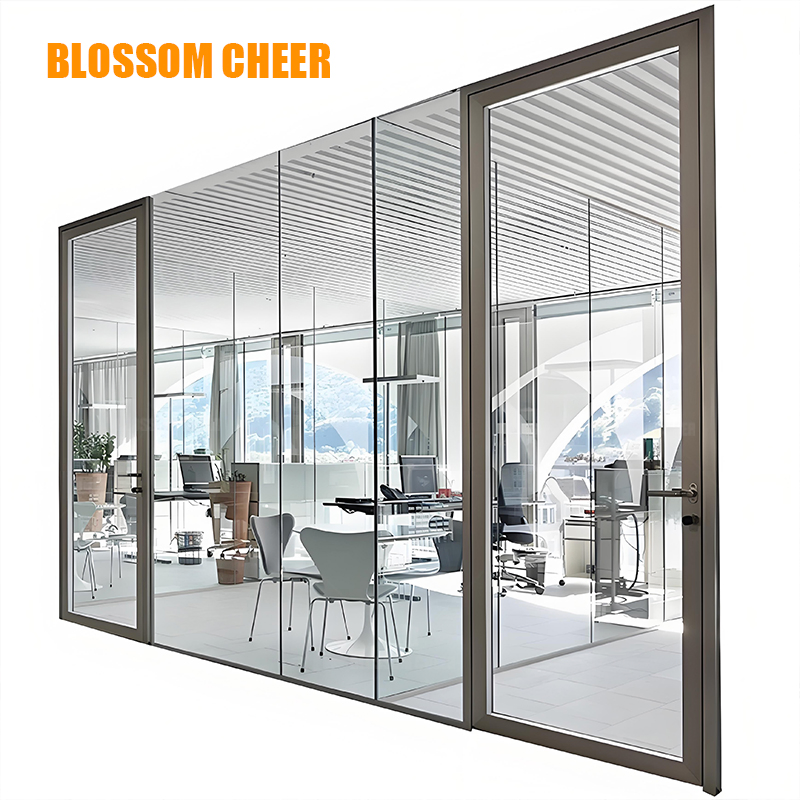 Minimalist Office Internal Glass Partition Wall Door System with Single or Double Panels