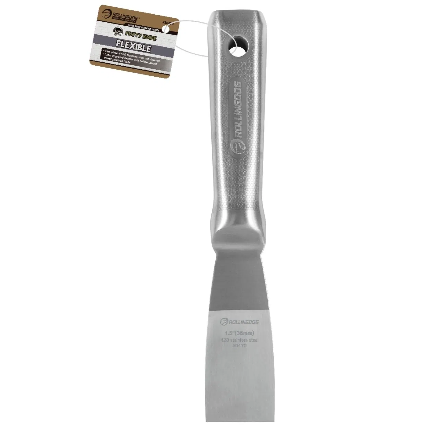 Rolingdog-Elite 50470 Stainless Steel 1.5 Inch Putty Knife Flexible All-Metal Mirror Polished