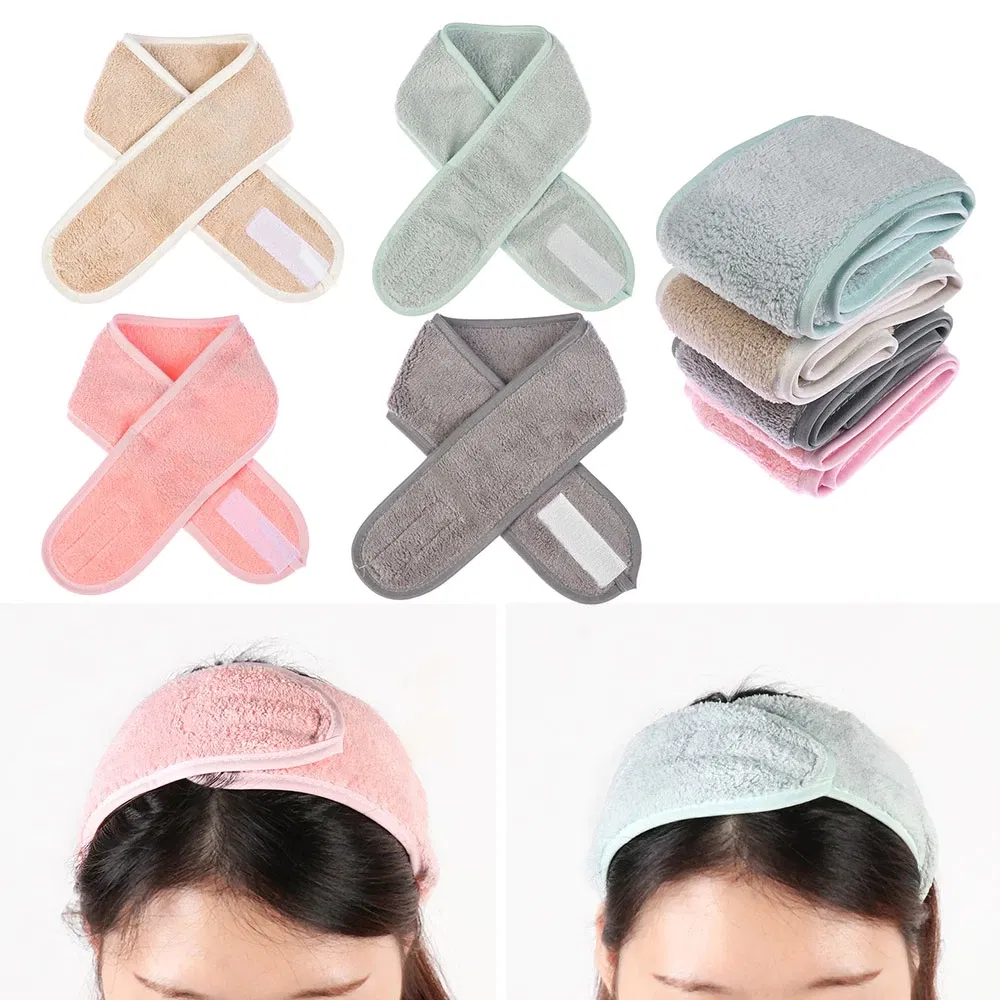 Custom Embroidery Logo Flannel Headband Microfiber Coral Fleece SPA Wash Face Head Women Girl Makeup Headband with Magic Tape