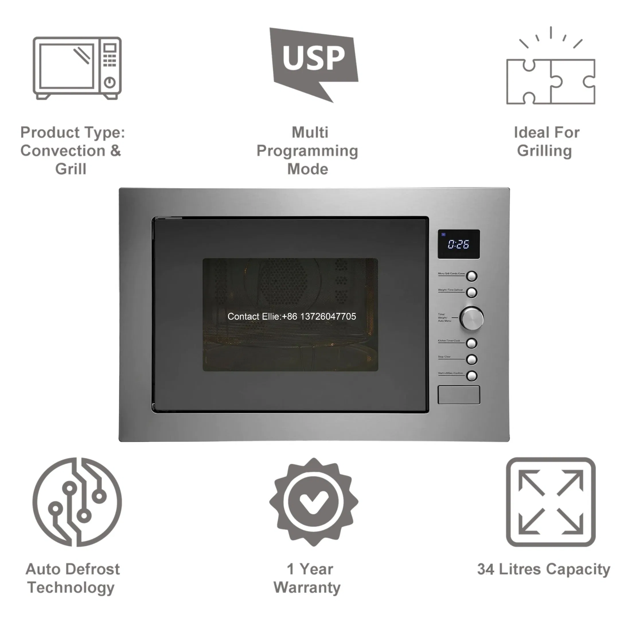 Home Appliance Digital Built in Microwave Oven 34L Stainless Steel Cavity Convection Integrated Microwave with Grill