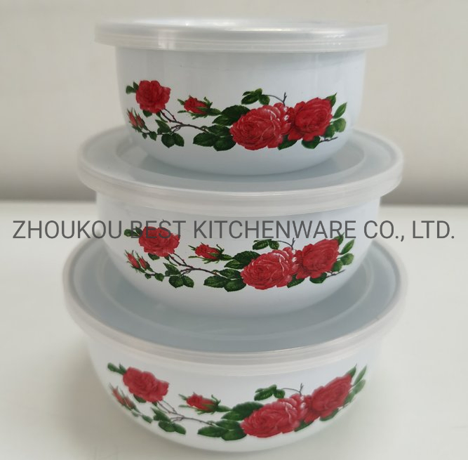 3 PCS High Quality Enamel Storage Bowl with Plastic Lid
