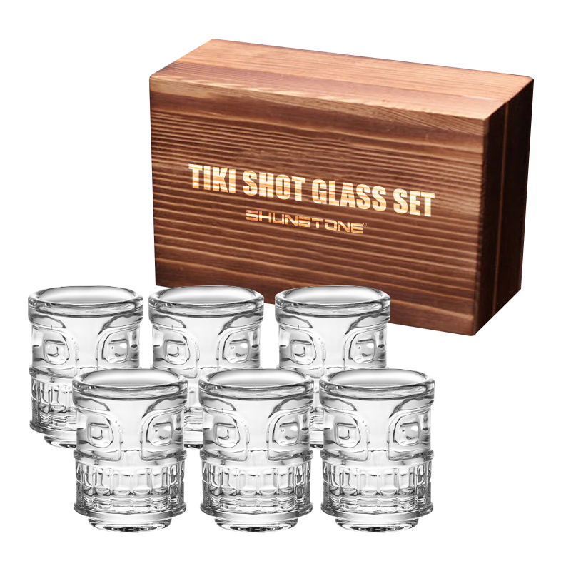 Personalized Tiki Shot Glasses Set of 6 Cocktail Whiskey Shot Glass with Wooden Box Barware Gift Set for Party Tavern