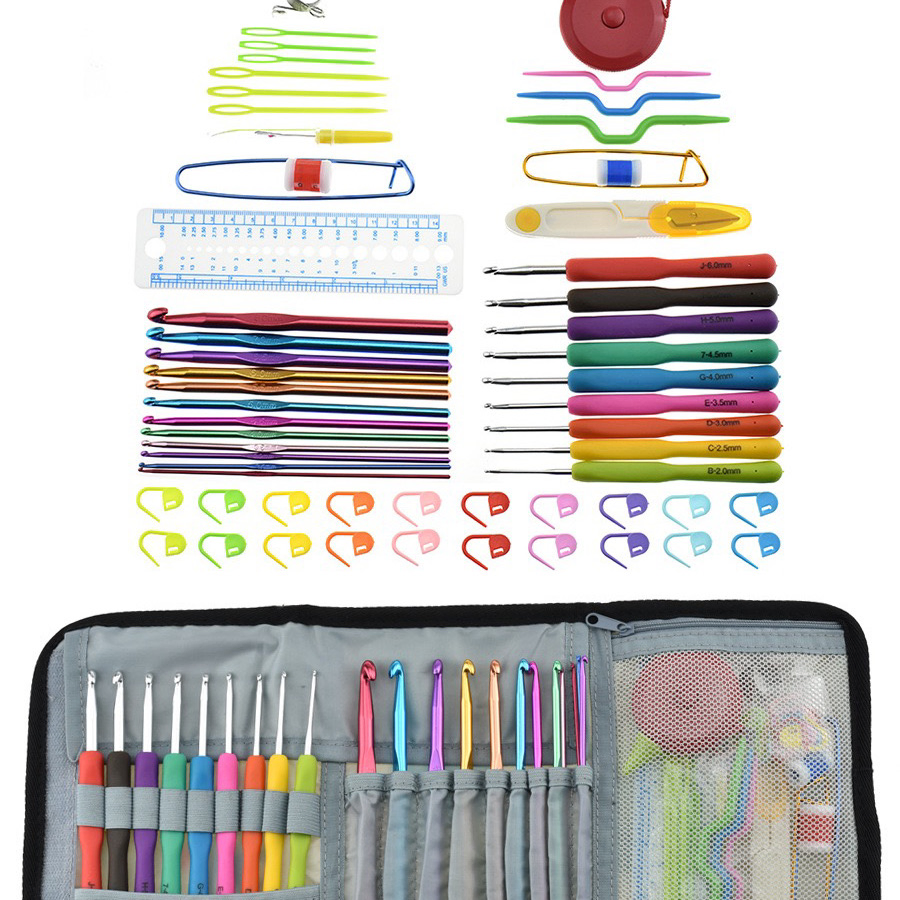 36PCS/Set Crochet Hook Set Yarn Weave Knitting Hooks Needles Scissors Sewing Needles Rulers Sewing Accessories with Blue Case