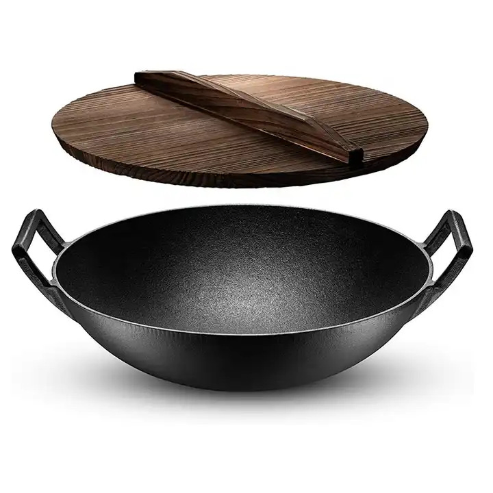 Top Pre-Seasoned Cast Iron Round Cast Iron Flat Bottom Wok with Glass Lid