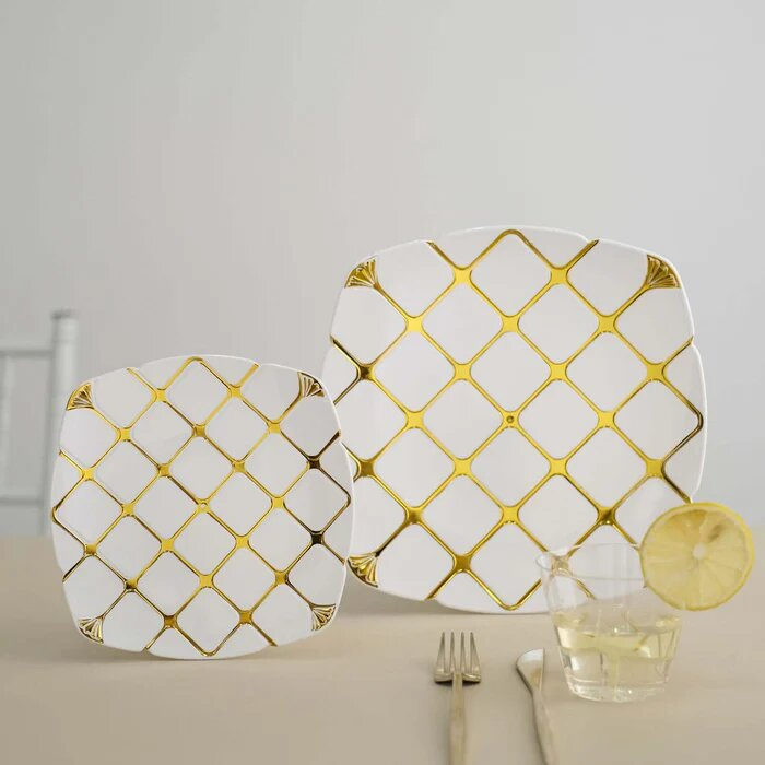 Elegant White Disposable 10" Square Dinner Plates with Gold Lattice