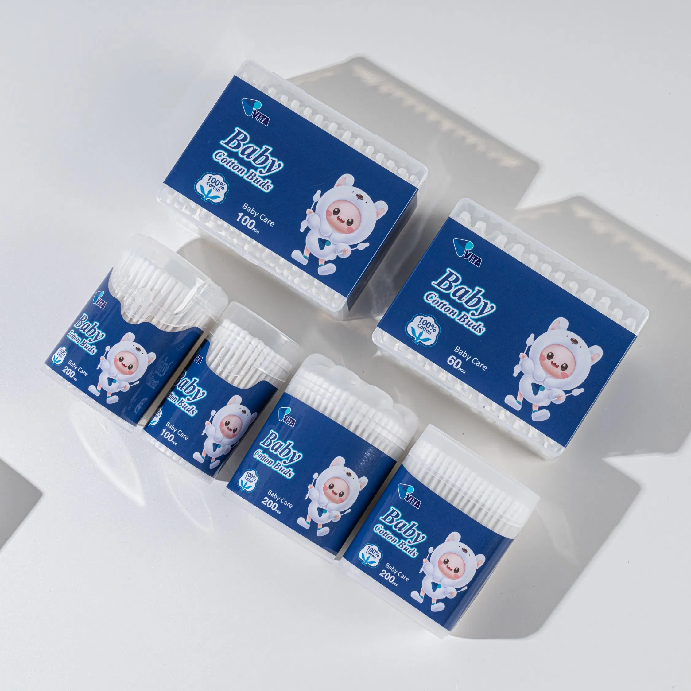 200 PCS Pop-up PP Box Friendly Soft Cotton Swabs for Baby Use