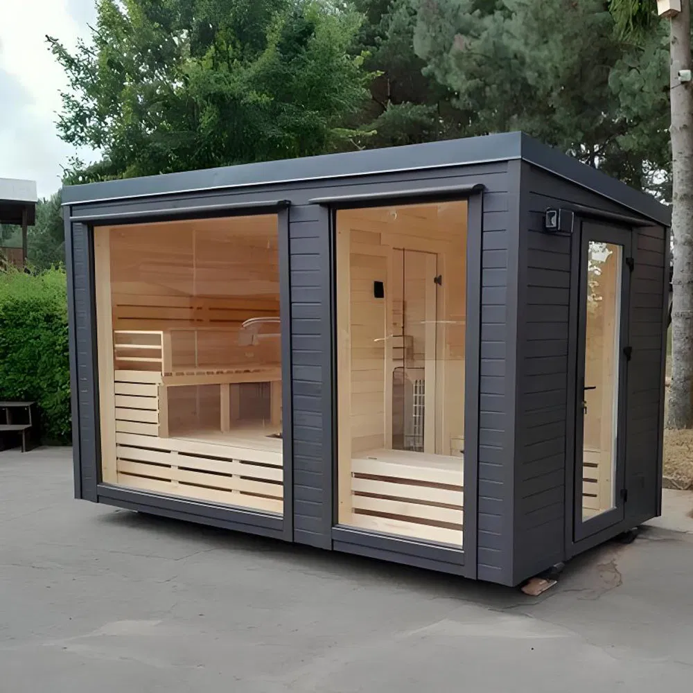 Luxurious Custom Outdoor Square Sauna with Elegant Wood Finish
