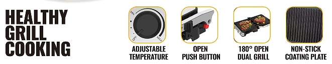 Stainless Steel Panini Grill Press, Aluminum Lifting Rod, Sandwich Maker Press, Contact Grill, Non-Stick Grill, 60-Minute Timer, 180 Degrees Opening