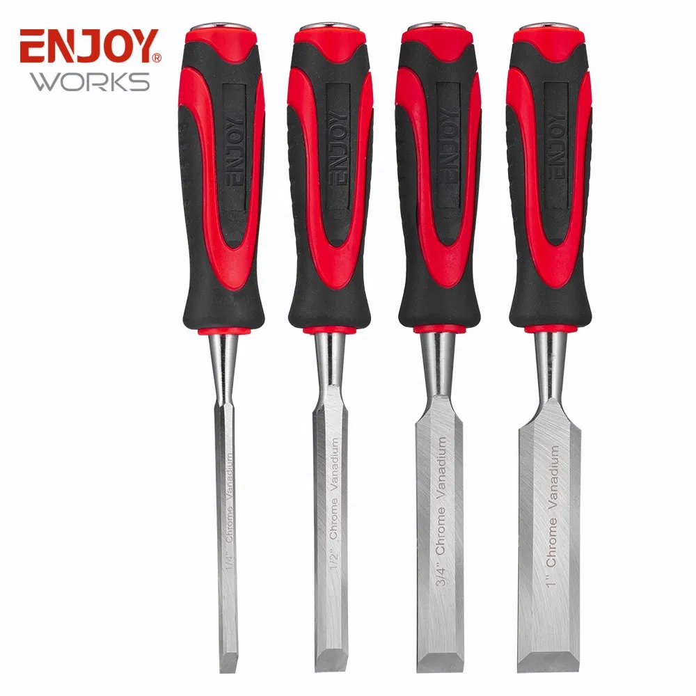1/4", 1/2", 3/4", 1" Wood Chisel Woodworking, Carving, Soft Handle, Steel End Cover 4-Piece Wood Chisel Set