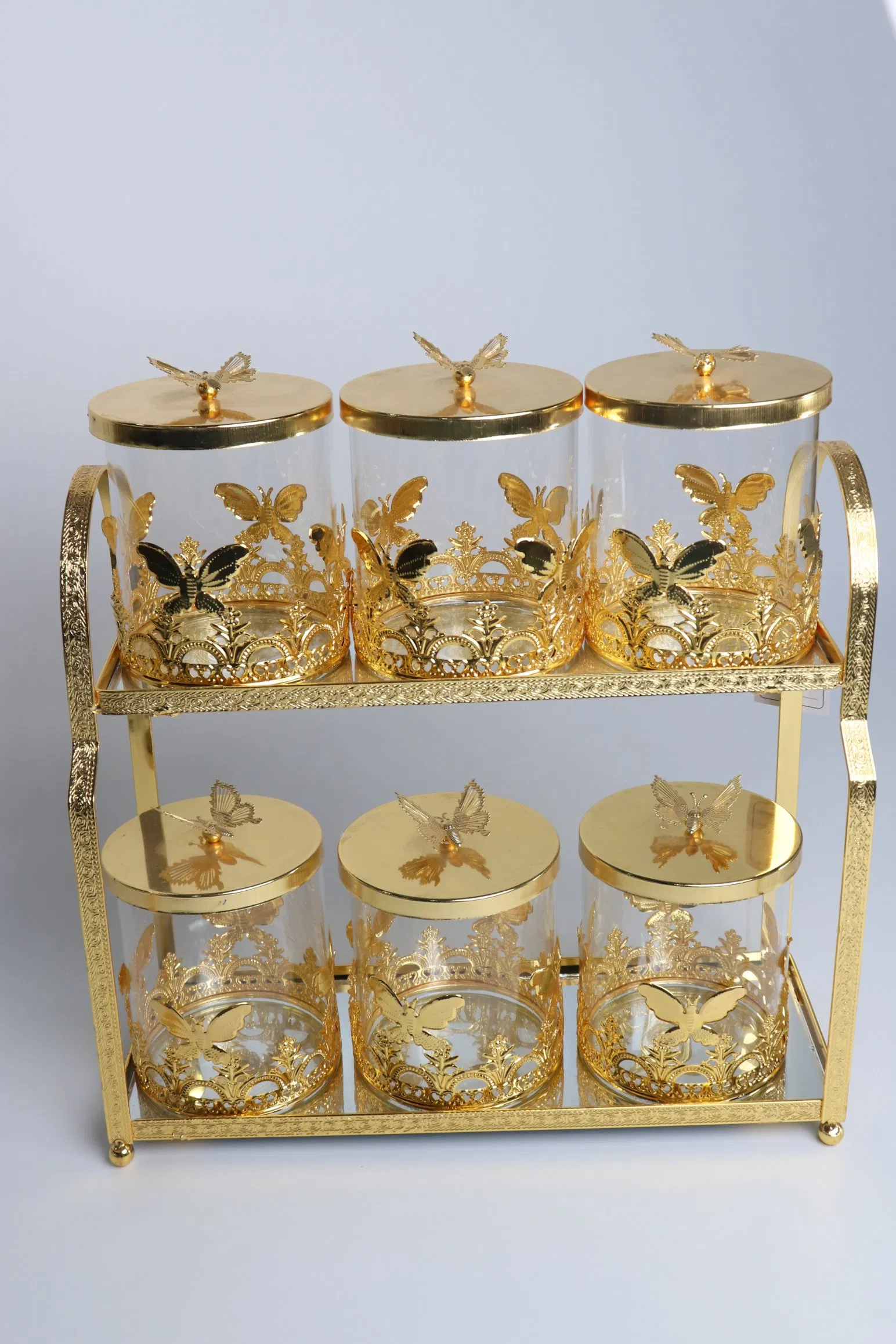 Home and Kitchen Supplies Gold-Plated Iron Frame with 6 Large Glass Jars Set