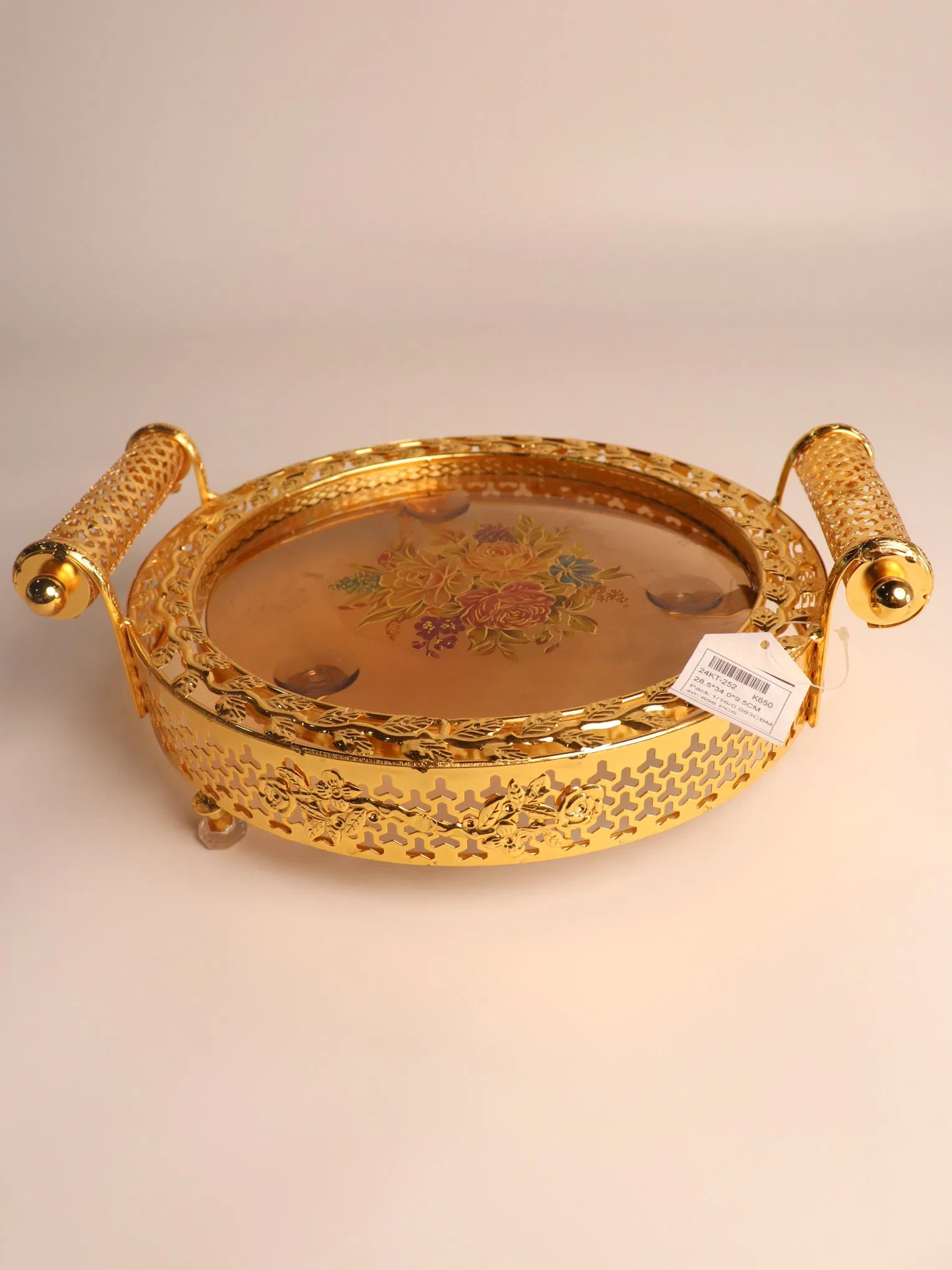 Elegant Glass Fruit Plate with Stunning Gilded Ironwork Design