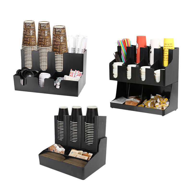 Coffee Cup Dispenser and Lid Holder with Straw and Condiment Pockets