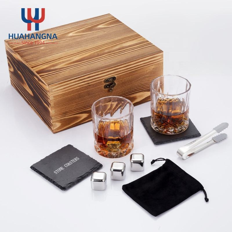 Whiskey Stones Gift Set Metal Whiskey Chilling Ice Cubes and 10oz Old Fashioned Whisky Glasses Wooden Gift Box for Cooperate Present