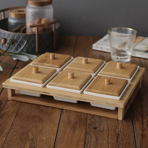 Ceramic Divided Serving Dishes, Ceramic Appetizer Serving Platter Tray, Divided Serving Dishes with Bamboo Tray