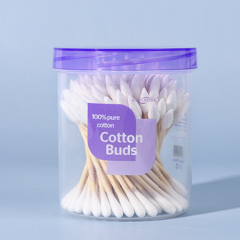 Purple Cylinder with Cover 100 Wooden /Paper Sticks Double-End Round Head Pointed Cosmetic Cotton Swabs