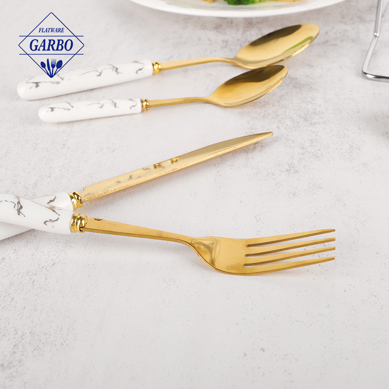 Hand Polished Golden Electroplating Stainless-Steel Dinner Fork with Ceramic Handle