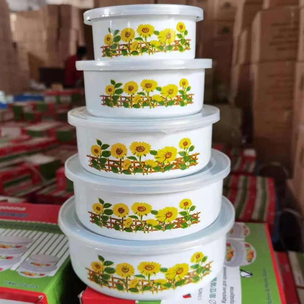 Factory Direct Sales 5 Pieces Enamel Storage Bowl 10-12-14-16-18cm with Plastic Lid