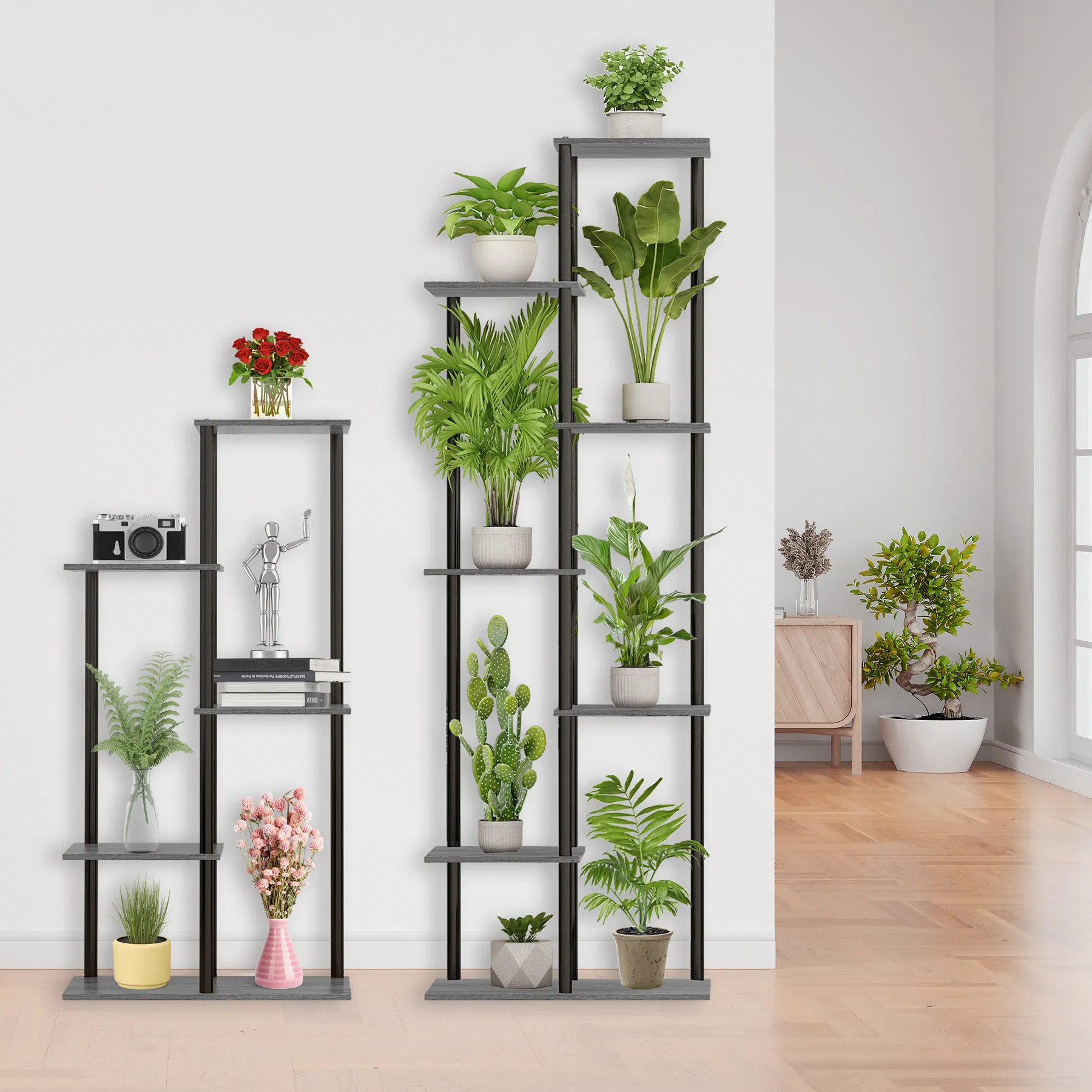 Elegant 5 Tier Indoor Corner Plant Shelf in Oak Grey