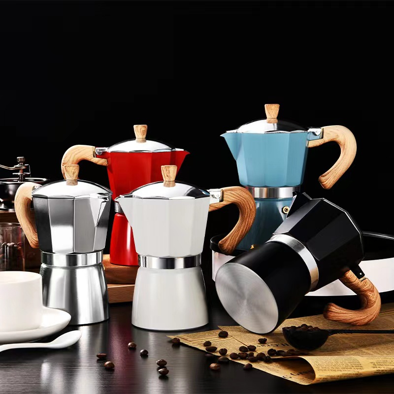 Hot-Selling European Style Espresso Coffee Maker Stainless Steel Pot Wooden Patterned Espresso Maker