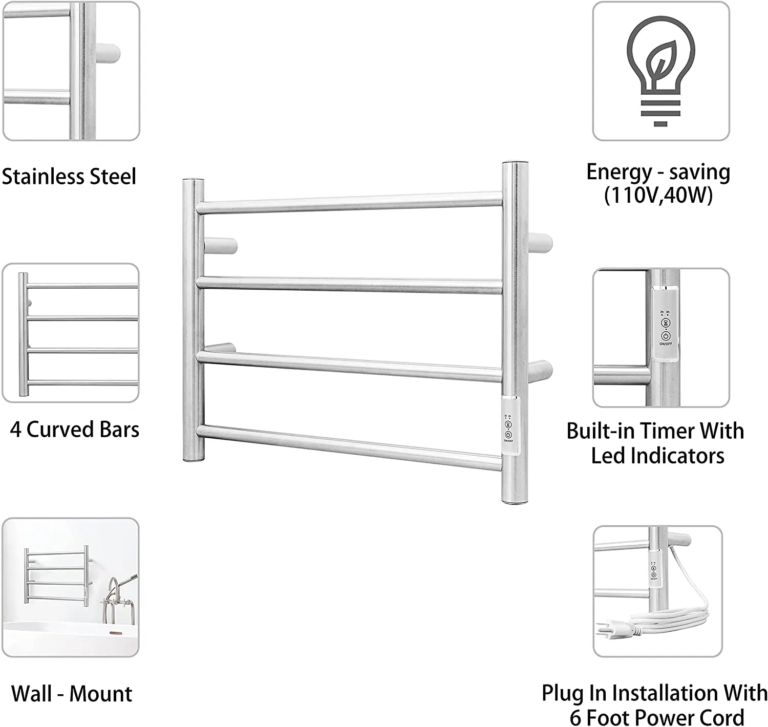 Towel Warmer with Built-in Timer 4 Bars Electric Stainless Steel Heated Towel Racks