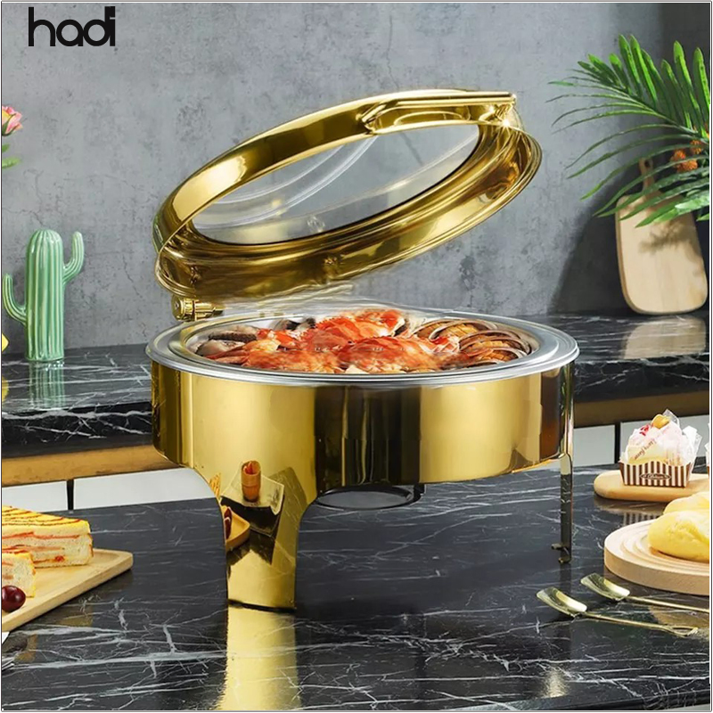 Hydraulic Catering Equipment 6L Stainless Steel White Marble Chafing Dish with Glass Window Arabic Buffet Food Warmer for Catering