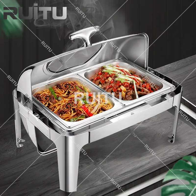 Food and Beverages Silver Shaffing Dishes with Window Catering Set Stainless Steel Hotel Restaurant Banquet Party Rectangular Roll Top Buffet Food Warmer Chafer