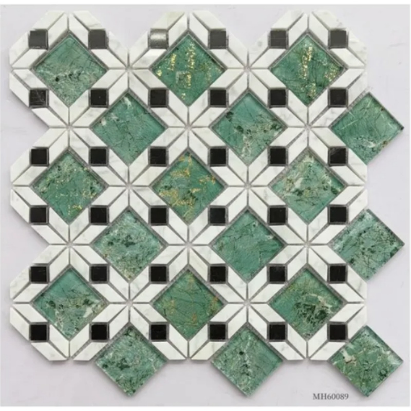 Wholesale Customization Rhombus Shape Flower Pattern Glossy Glass Mix Marble Stone Mosaic for Villa Wall