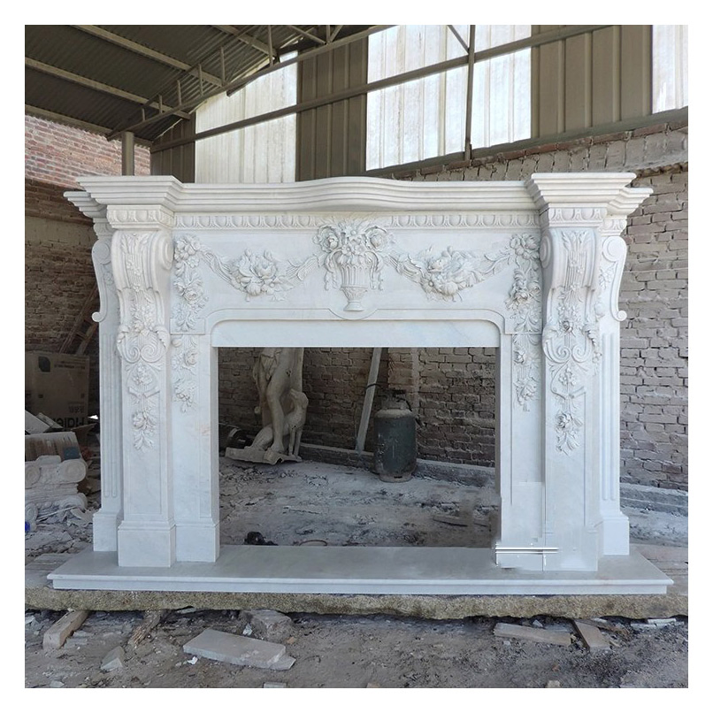 Large Decorative White Marble Fireplace Frame with Relief of Vase and Flowers