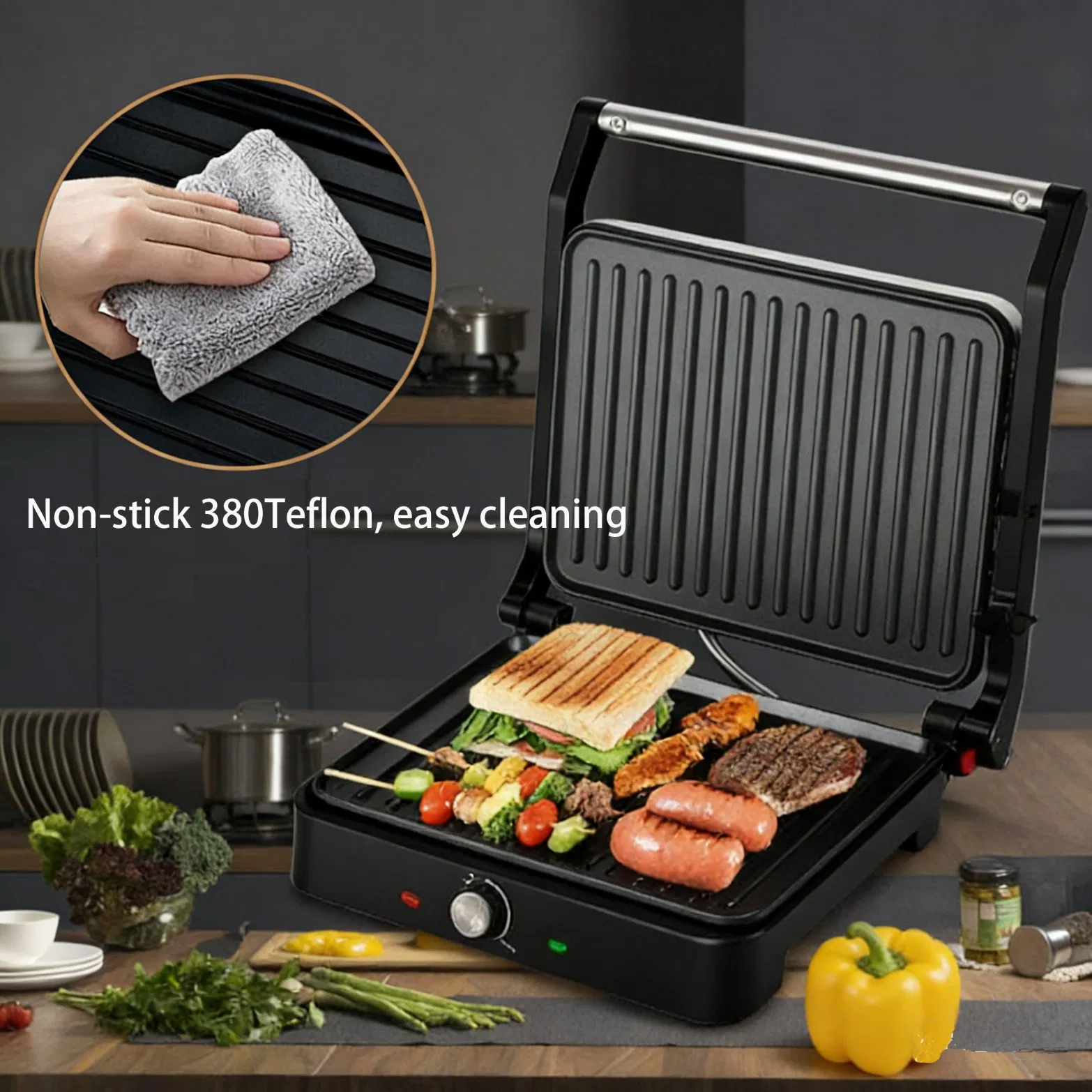 2200W 4 Slices 180 Degree Open Stainless Steel Cover Electric Sandwich Press Grill Contact Grill Panini Toaster Maker