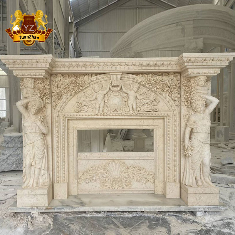 Modern Home Decoration Freestanding Natural Beige Marble Lion Carving Fireplace Mantel