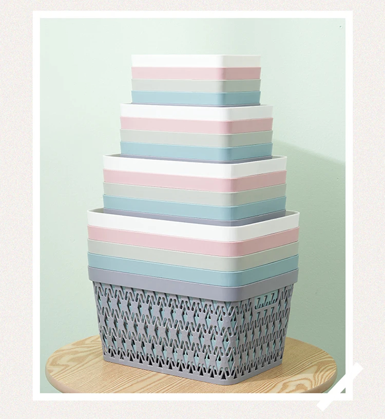 Multi Size Rectangular Colorful Desktop Plastic Storage Basket with Handle