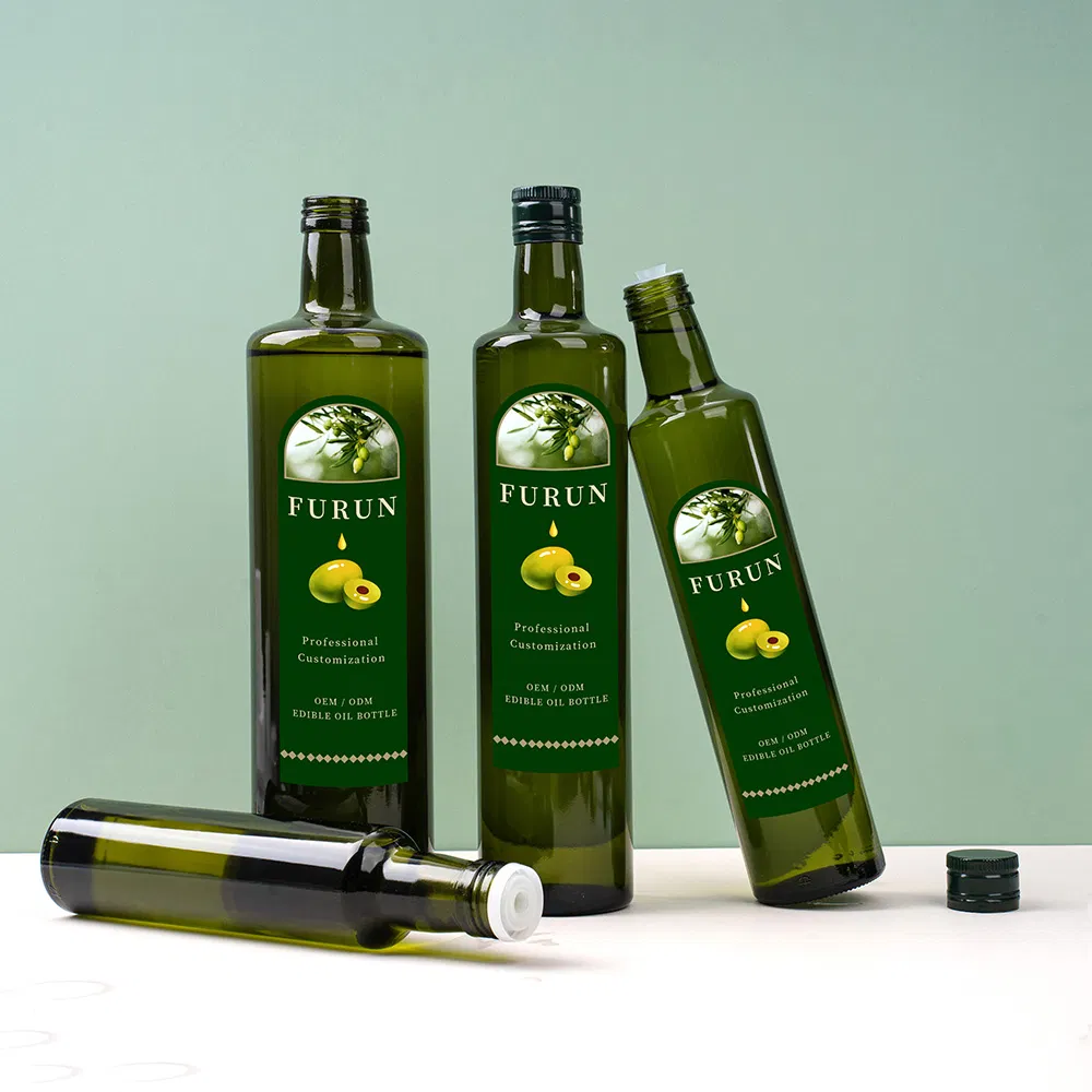 Wholesale Luxury Olive Oil Bottles Empty Round Green Food Grade Glass Cooking Dispenser Bottle with Lids