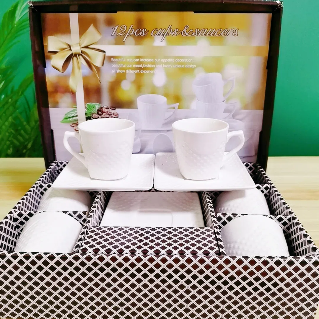 Low Price Hot Sell European Style Porcelain Espresso Cups White Simple Embossed Pattern 12PCS Ceramic Coffee Cups and Saucers in Gift Box