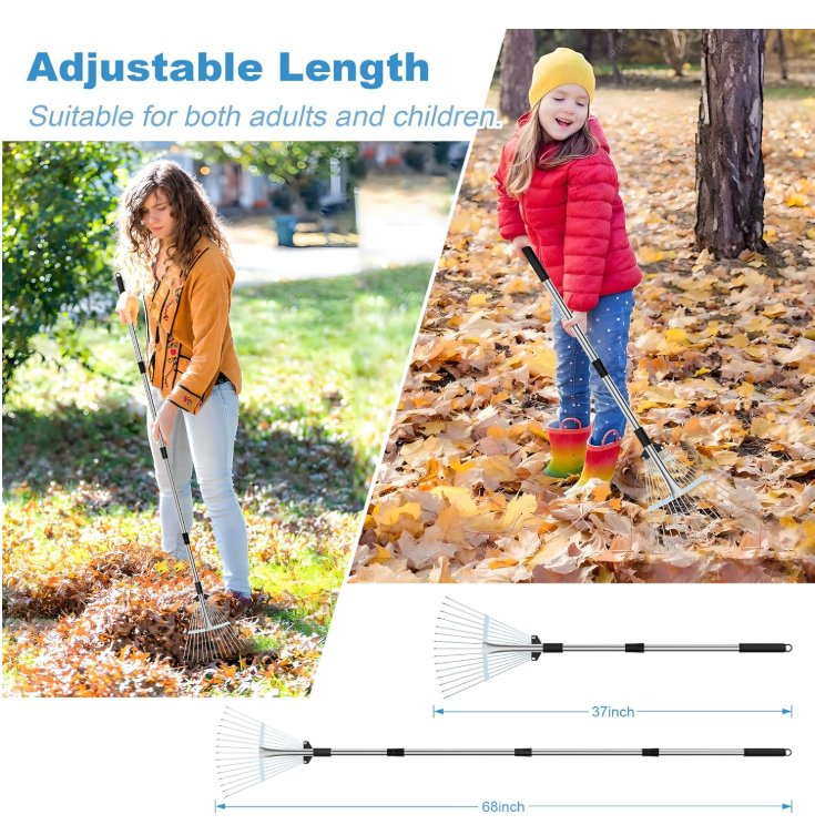 Garden Rake for Leaves Heavy Duty Metal Adjustable Leaf Rake for Lawns Garden Tools for Yard Lawn Shrub Garden