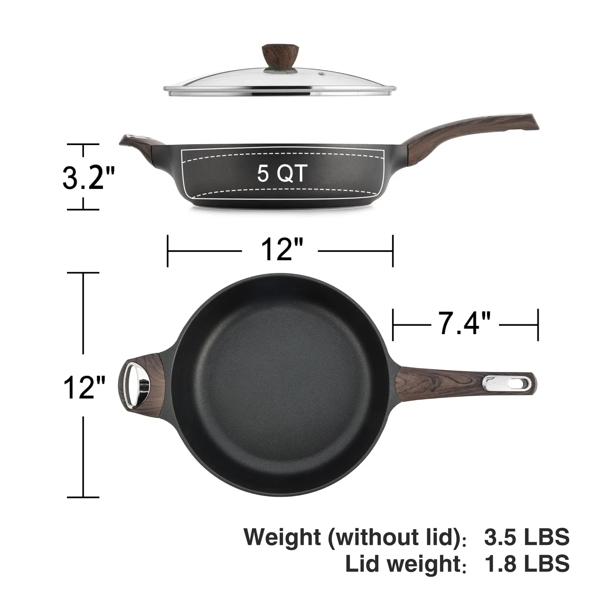 12inch Nonstick Deep Frying 5qt Saute Lid Large Skillet Cooking Chefs Pan Cookware