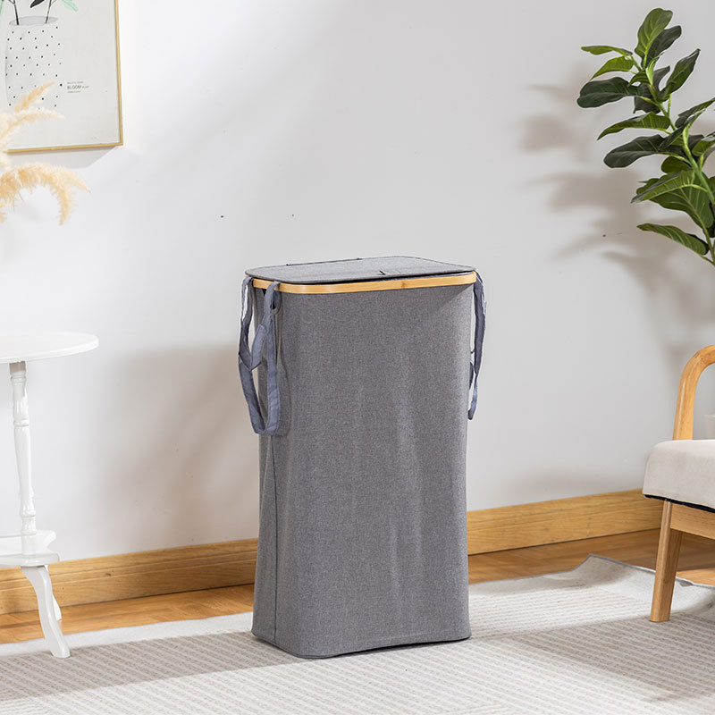 a Folding Bamboo Household Basket with a Lid and an Inner Bag for Storing Laundry Baskets