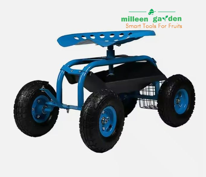 Swivel Seat and Utility Basket Garden Cart Rolling Scooter with Extendable Steering Handle
