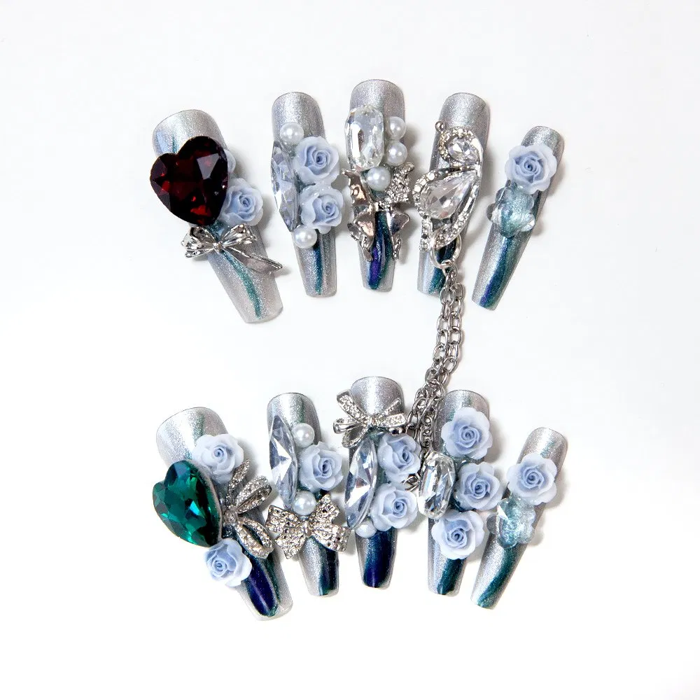 Luxury 3D Rose Press-on Nails with Stunning Crystal Chains