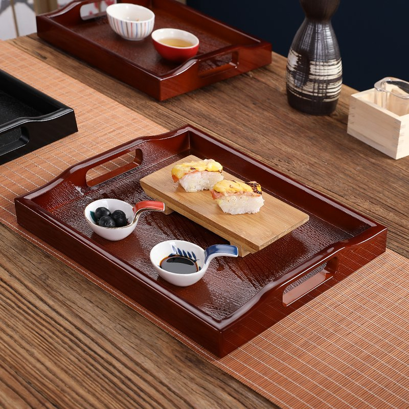 Japanese Izakaya Serving Trays with Handle Deep Wood Grain Pattern ABS Tray Hotel Restaurant Serving Tray