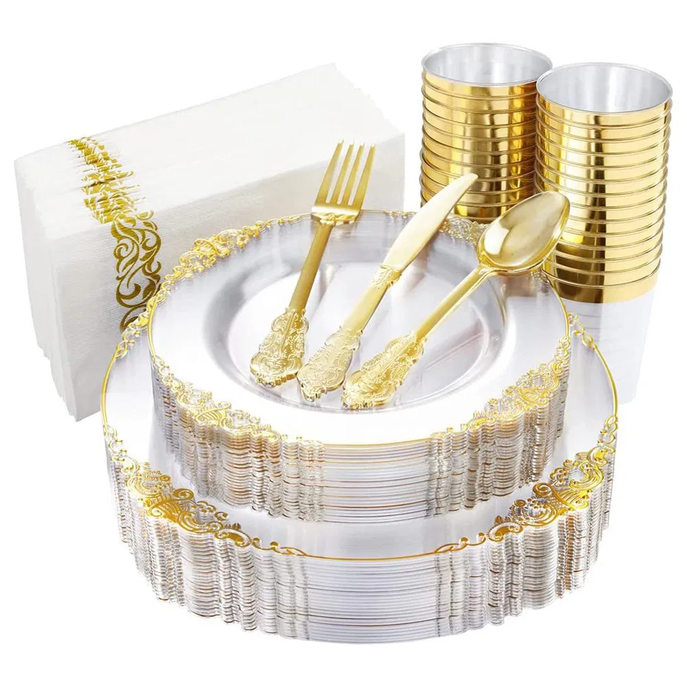 Factory Direct Acrylic Charger Plates Wholesale Clear Charger Plates with Gold Rim Plastic Clear Charger Plates with Gold Rim