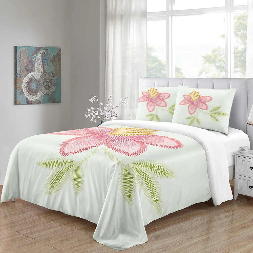 Queen Floral 3 PCS Bedding Sets, Oatmeal Plant Flowers Printed on Fluffy Comforter for All Season