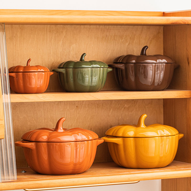 Ceramic Kitchenware Pumpkin Lard Pot with Cover Double Ear Soup Bowl