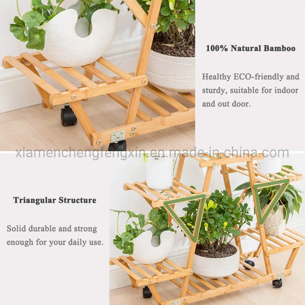 Bamboo Rolling 6 Tier Plant Stand Rack Multiple Flower Pot Holder Shelf Indoor Outdoor Planter Display Shelving Unit for Patio Garden Corner Balcony Living Room