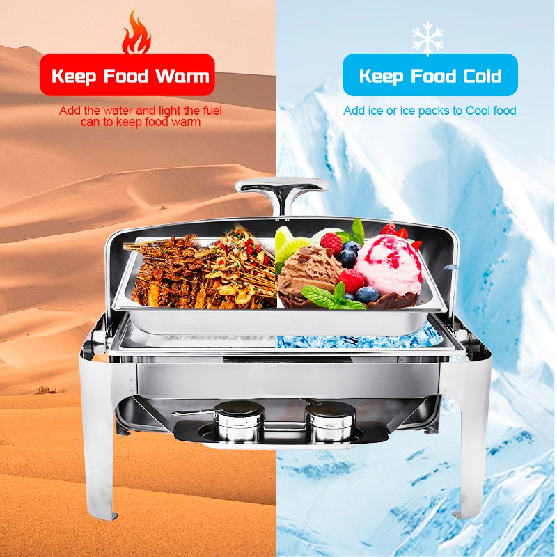 Daosheng 9L Stainless Rectangular Chafer Buffet Food Warmer Oblong Roll Top Chafing Dish Set