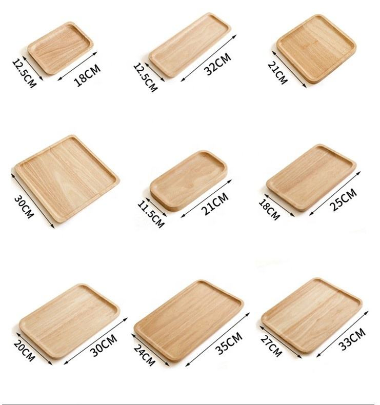 Eco-Friendly Food Tray Rubber Wood Square Plate Home Kitchen Different Sizes Natural Wooden Trayplates