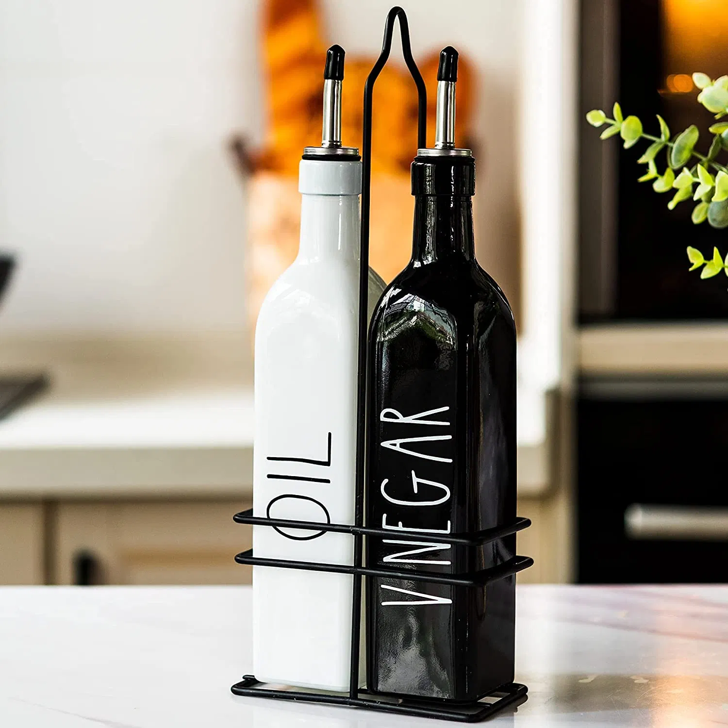 Ceramic Oil and Vinegar Dolomite Oil Dispenser Ceramic Vinegar Bottle Salt Bottle with Metal Stand