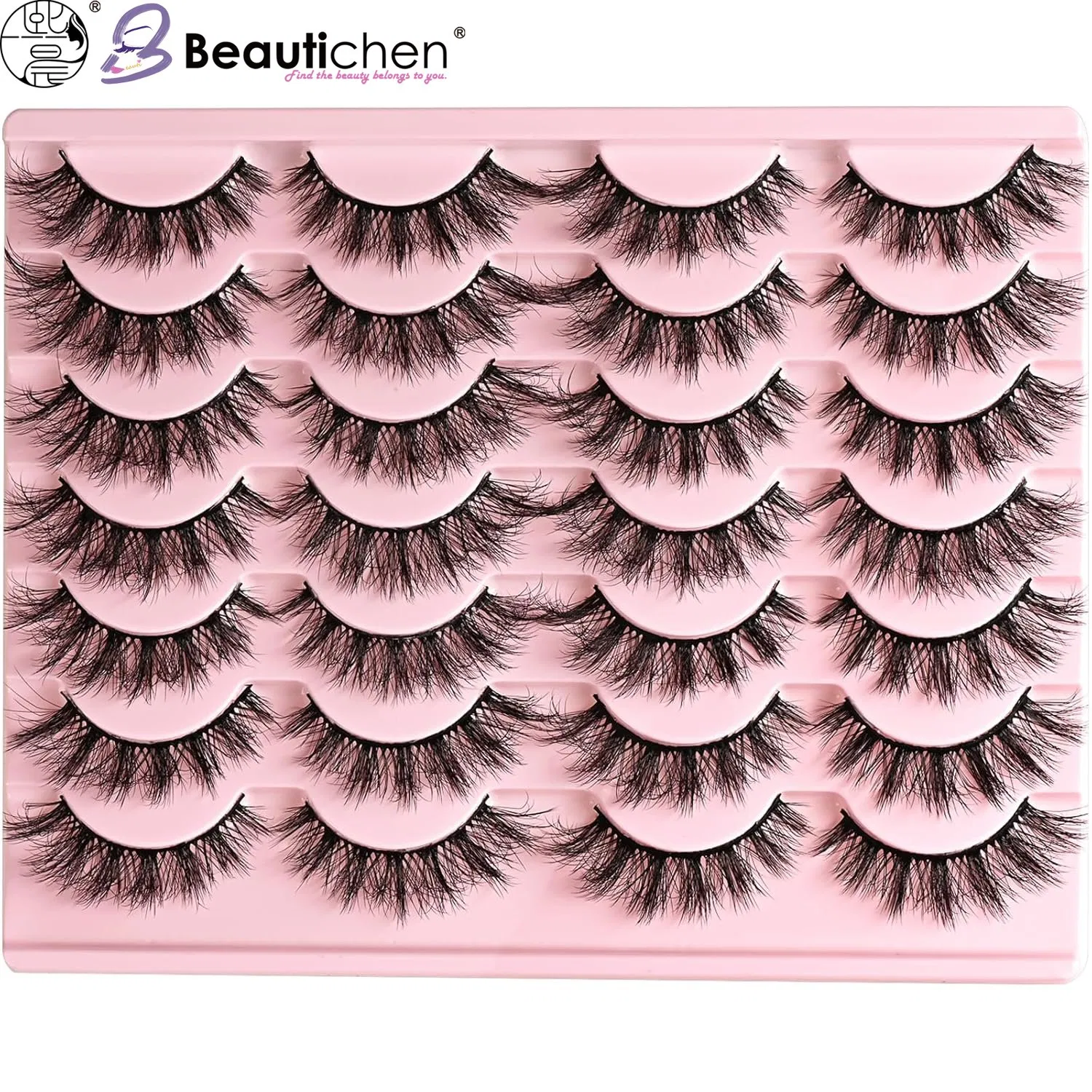 Beautichen 3D Faux Mink Lashes - 20 Pairs in Pink Tray with Glue Included - Natural, Voluminous & Curled False Eyelashes for Makeup & Stage