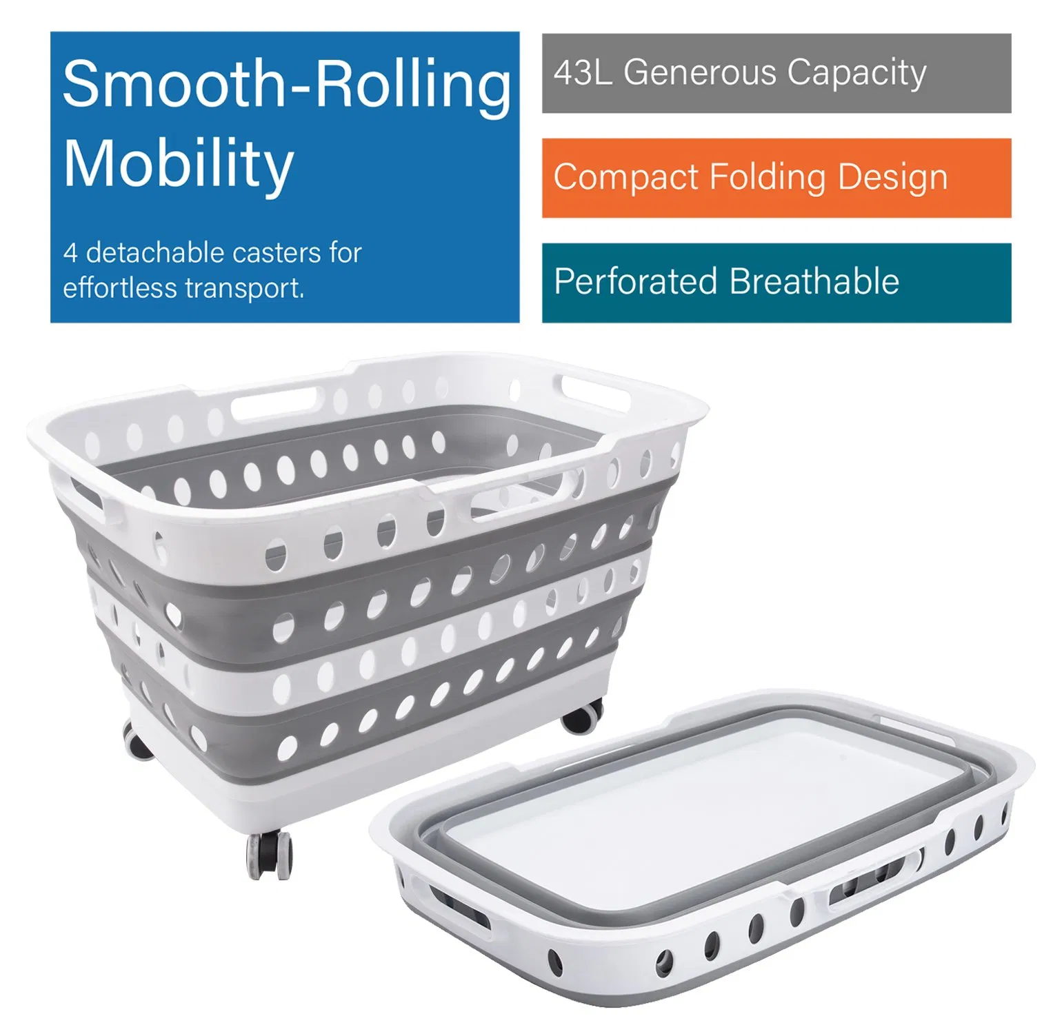 43L Gray Plastic Rectangle Storage Baskets for Toys Clothing and Laundry with Wheel Basket
